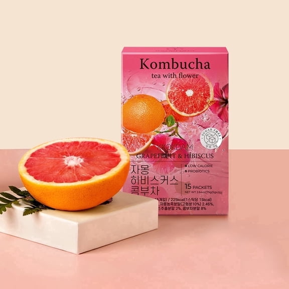 KKOKDAM Kombucha Powder Drink Mix Sticks - Grapefruit & Hibiscus, Sugar Free Probiotic Gut Health Tea, Low Calorie (15 Packets)