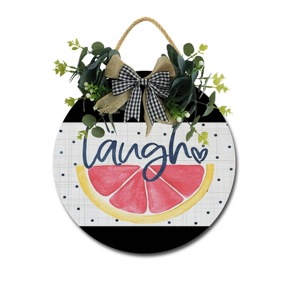 Grapefruit Laugh Door Sign Home Decor Round Wood Wreaths Wall Hanging Sign Farmhouse Porch Sign Front Door Decoration for Housewarming Gift All Seasons Holiday,11In