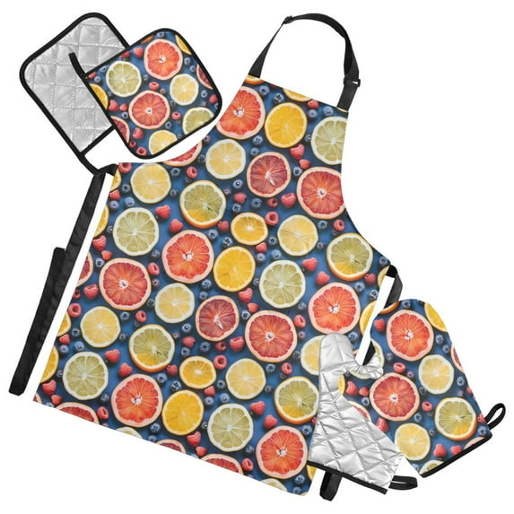 Grapefruit Orange Lemon Berry 5 Pcs Kitchen Set Heat Resistant Oven Mitts and Non-Slip Pot Holders with Adjustable Cooking Apron