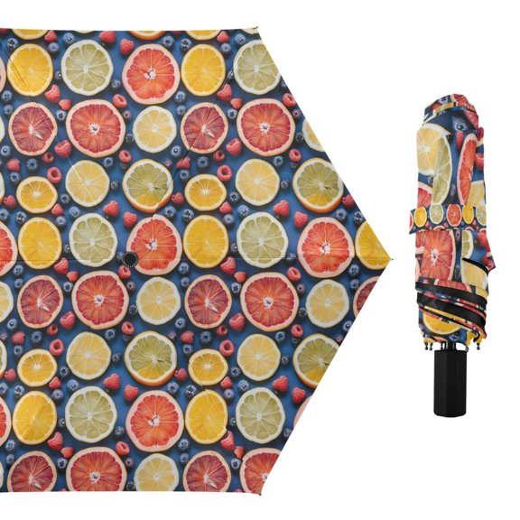 Grapefruit Orange Lemon Berry Compact Sun Umbrella Windproof Travel Umbrellas for Rain Strong Portable UV Protection