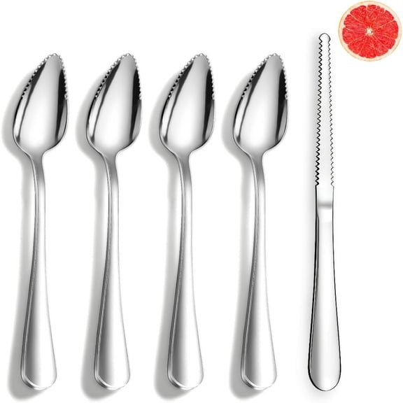 Grapefruit Spoons and Grapefruit Knife 5 Pieces, Stainless Steel Grapefruit Spoon Utensil Set, Serrated Edge Thick Handle Tool for Grapefruit, Kiwi, Apple, Citrus Fruit & Dessert