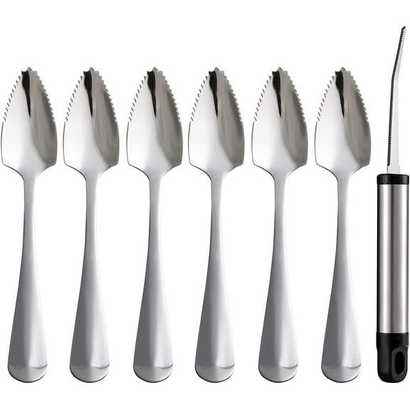 Grapefruit Spoons and Grapefruit Knife, Set of 7 Food Grade Stainless Steel Dessert Spoons Mirror Finish Fruit Knife, Serrated Grapefruit Utensils Tool, Suitable for Citrus Fruits Desserts Salads