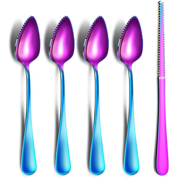 Grapefruit Spoons & Knife Set, Stainless Steel Utensils With Serrated Ed Thick Gau Handle, Rainbow Kitchen Tool, Non-stick Plating for Kiwi, Dessert, (5 PCS)