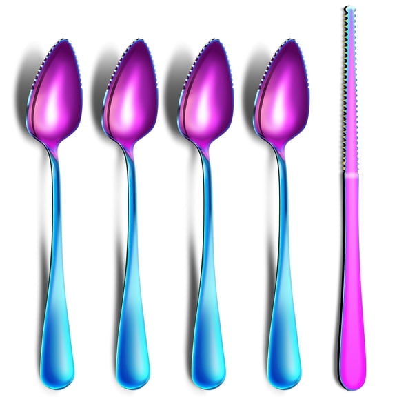 Grapefruit Spoons & Knife Set, Stainless Steel Utensils With Serrated Edge & Thick Gauge Handle, Rainbow Kitchen Tool, Non-stick Plating for Kiwi, Dessert, Apple