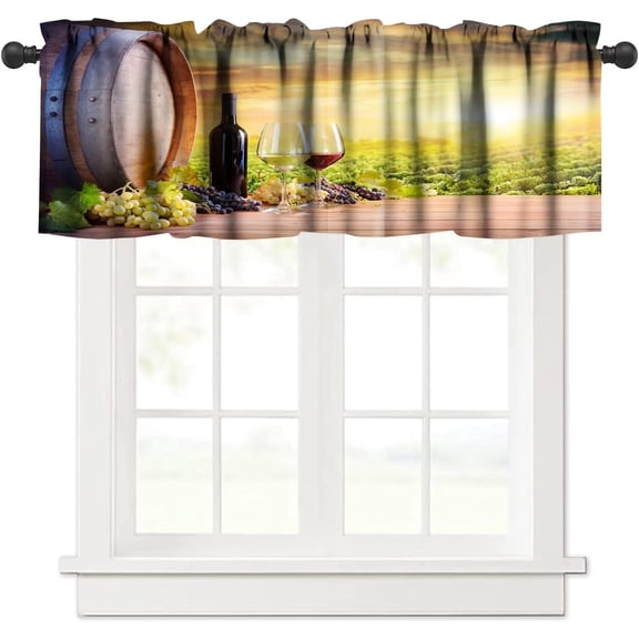 Grapes Curtain Valance Rod Pocket Bottles Glasses Wine on Wooden Table Rustic Fruits Grapes Farmhouse Curtain Valance for Living Room Kitchen Cafe Home Decor 54"x18"