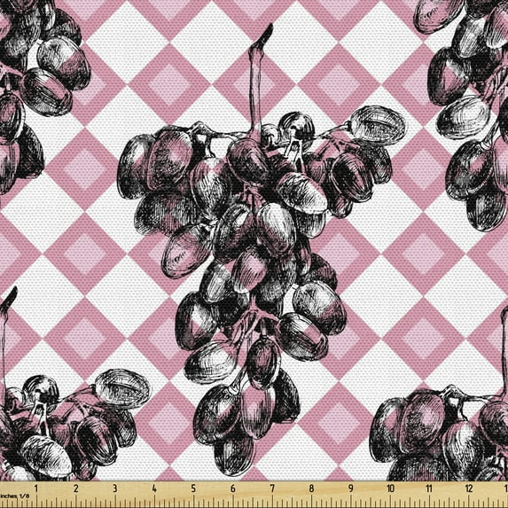 Ambesonne Grapes Fabric by the Yard Upholstery, Sketchy Fruit on Squares, 1 Yard, Pink Grey