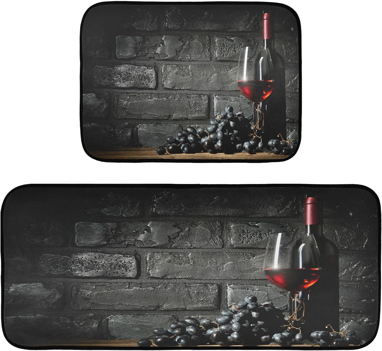 Grapes Red Wine Kitchen Rugs 2 PCS, Black Rustic Brick Wall Floor Runner Area Rug Washable