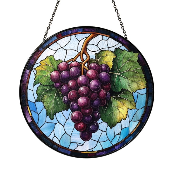 Grapes Stained Glass Style Window Suncatcher, Vineyard Fruit Art Panel, Decorative Glass Style Window Hanging for Kitchen Decor and Rustic Home Interior Accent Gift