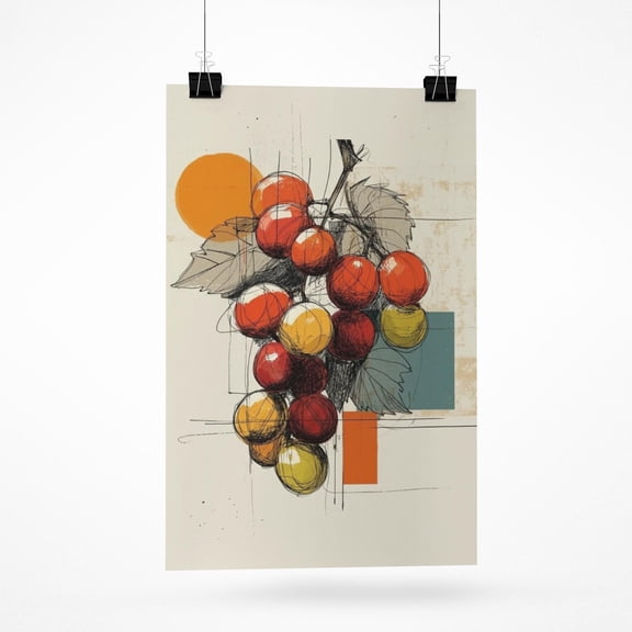 Grapes Vine Line Art Poster Rolled Posters, Minimal Kitchen Wall Art, Cream Purple Yellow , Poster Print Only