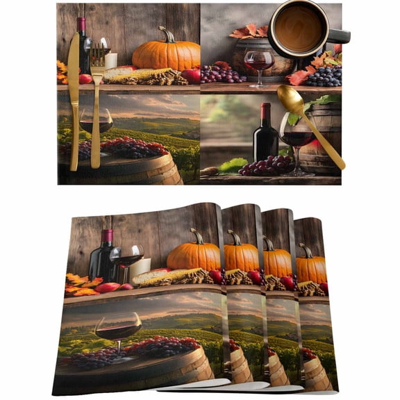 Grapes Wine Farm Barrel Placemats Set of 4,Wipeable Washable Table Mats for Dining Tables,Farmhouse Fruit Harvest Place Mats for Kitchen Event Party Tabletop Decor