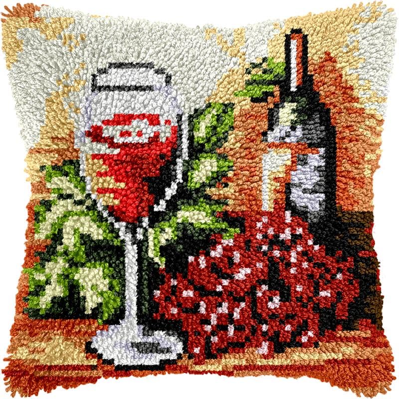 Grapes & Wine Latch Hook Pillow Kits Cushion Pillowcase with Pattern Printed Canvas Sofa Hooking Pillows Crafts Embroidery Latch Hooking Crochet Kits 17x17 inch(166)
