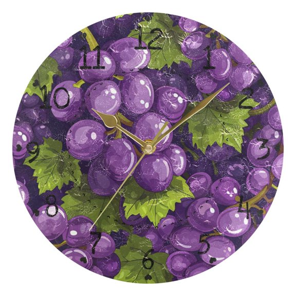 Grapes and Leaves Cartoon Round Wall Clock Silent Analog Battery Operated Gold Pointer Home Decor 9.84" Diameter