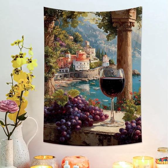 Grapes and Wine Red Wall Tapestry, Vintage Scenic Italian Countryside Design for Living Room and Dining Room Home Decor, 30 x 40 Inch
