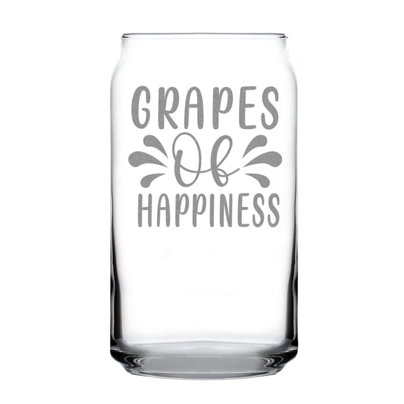 Grapes of Happiness Hand Engraved 16oz Can Shaped Pint Glass, Etched Glass Beer Stein, Unique Drinking Gift