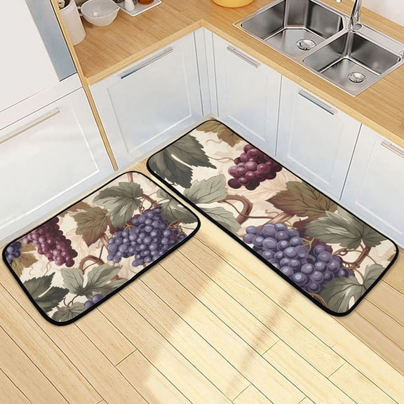 Grapes with Leaves Kitchen Rugs Set of 2 Non Slip Floor Foam Mat Cushioned Soft Waterproof Carpet Runner for Dining Room Laundry