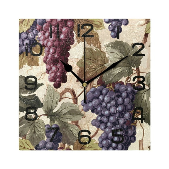Grapes with Leaves Wall Clock Square Silent Non-Ticking Battery Operated Retro 7.78" Clock Home Kitchen Office Decoration