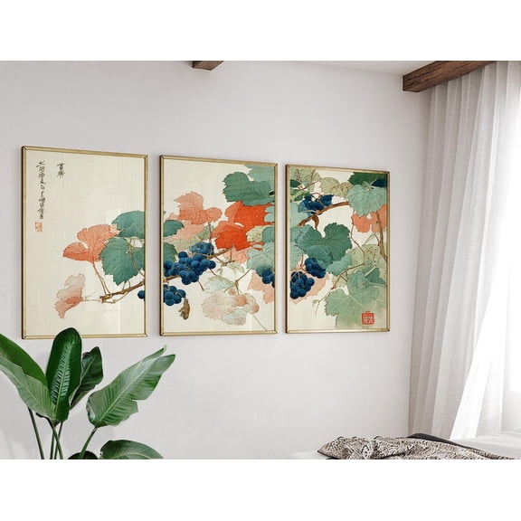 Grapevine Japanese Botanical Style Wall Art Set 3 Stretched Canvas 16x24
