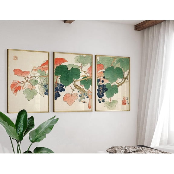 Grapevine Japanese Botanical Style Wall Art Version 2 Set 3 Stretched Canvas 16x24