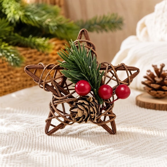 Grapevine Star Tabletop Decoration, rustic woven star with greenery and berry accents for a natural seasonal display, for mantel, shelf, desk, dining table, farmhouse, gifts and Christmas home decor