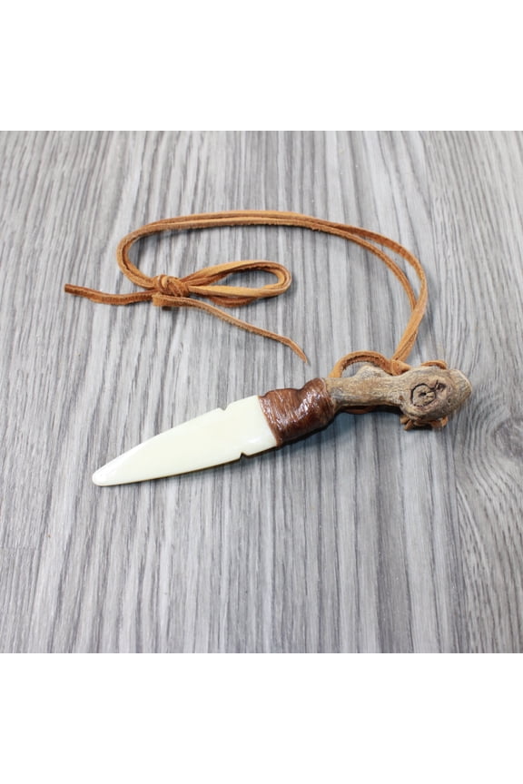 Grapevine Wood Handle Bone Blade Knife Necklace  #5853 Mountain Man Necklace