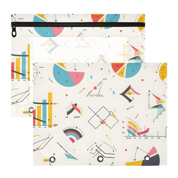 Graph Chart Mathematic 3-Ring Binder Pouches A4 Size Zipper Pocket File Storage 2 Packs