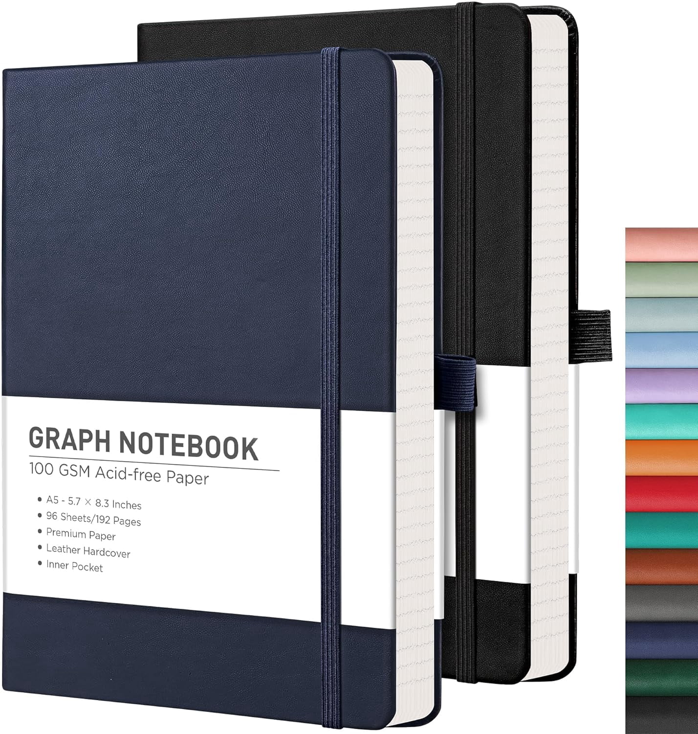 Graph Grid Paper Notebook, 2-Pack, 192 Pages per Pack, A5 Medium Size (5.7'' x 8.3''), Leather Hardcover, 100 GSM Thick Paper, for School, Students, Math, Engineering (Black & Navy Blue)
