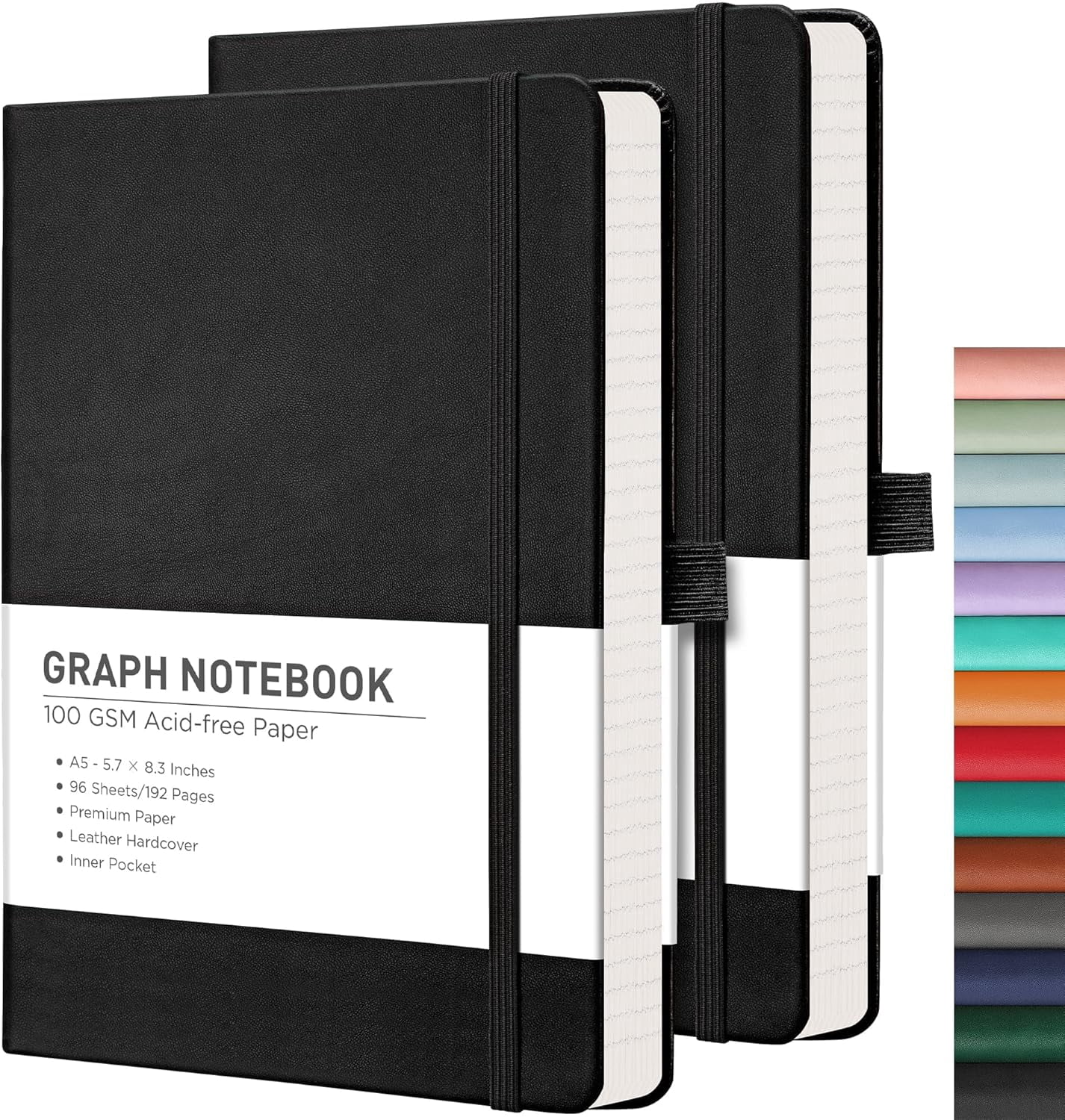 Graph Grid Paper Notebook, 2-Pack, 192 Pages per Pack, A5 Medium Size (5.7'' x 8.3''), Leather Hardcover, 100 GSM Thick Paper, for School, Students, Math, Engineering (Black & Black)