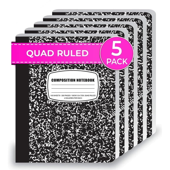 Graph Paper Composition Notebook, 5 Pack, 200 Pages (100 Sheets), Quad Ruled Composition Notebook, Graph Notebooks, 4x4 Grid Composition Notebook, Black Marble, Sewn Hard Cover, 9-3/4 x 7-1/2