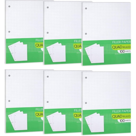 Graph Paper, Filler Paper Loose leaf Graph Paper - 8” x 10.5" - Graph Ruled, 4x4 Quad Ruled Notebook Paper, 3 Hole Punched Loose leaf Papers for 3 Ring Binders - 100 Sheets per Pack (6 Pack)