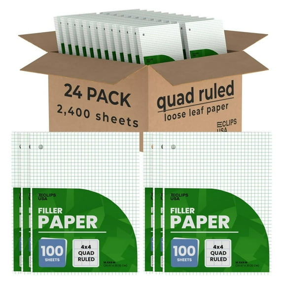 Graph Paper, Loose Leaf (24 Pack) - 4 x 4 An Inch Quad Ruled, 10.5" x 8" Graphing Sheets, 100 Per Pack, 60 GSM
