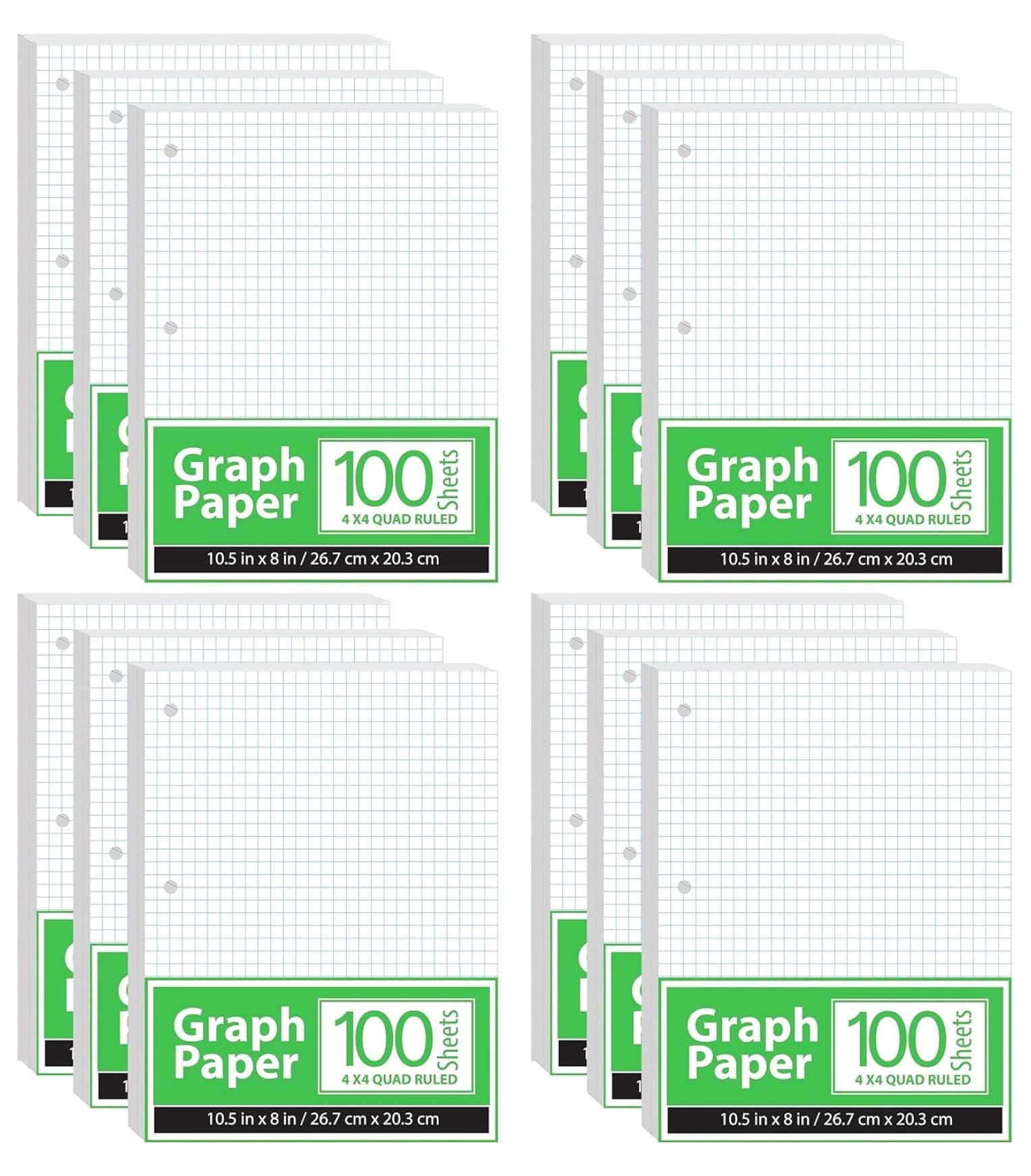 Graph Paper, Loose Leaf Graph Paper (12 Pack), 4 x 4 An Inch Quad Ruled