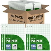 E-Clips USA 150-Sheet Loose Leaf Paper Quad-Ruled Graphing Paper, 56 GSM, 36-Pack