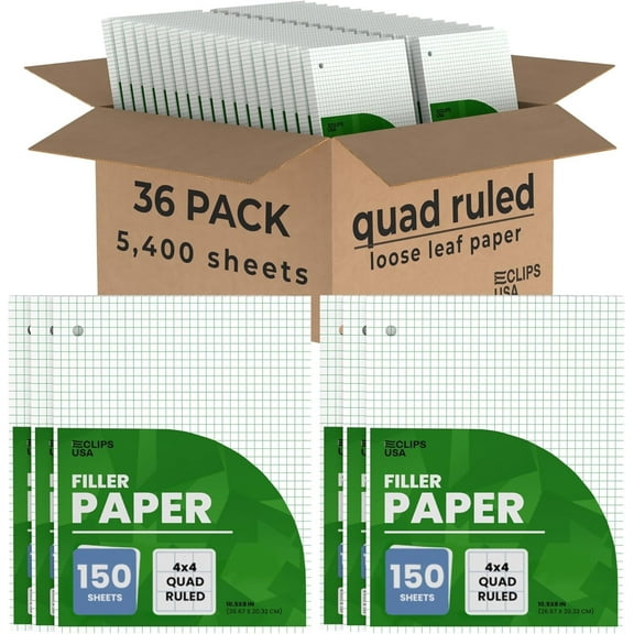 E-Clips USA 150-Sheet Loose Leaf Paper Quad-Ruled Graphing Paper, 56 GSM, 36-Pack