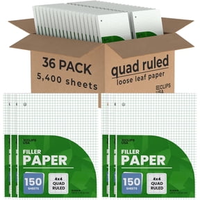 E-Clips USA 150-Sheet Loose Leaf Paper Quad-Ruled Graphing Paper, 56 GSM, 36-Pack