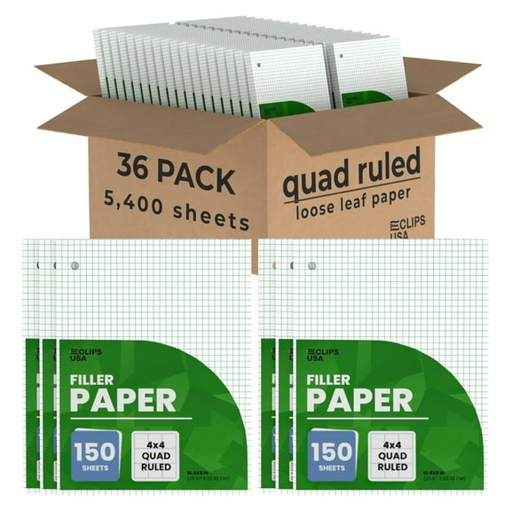 Graph Paper, Loose Leaf Graph Paper, 4 x 4 An Inch Quad Ruled Graph Paper, 10.5” x 8” Graphing Paper, 56 gsm, 150 Per Pack (36 Pack)