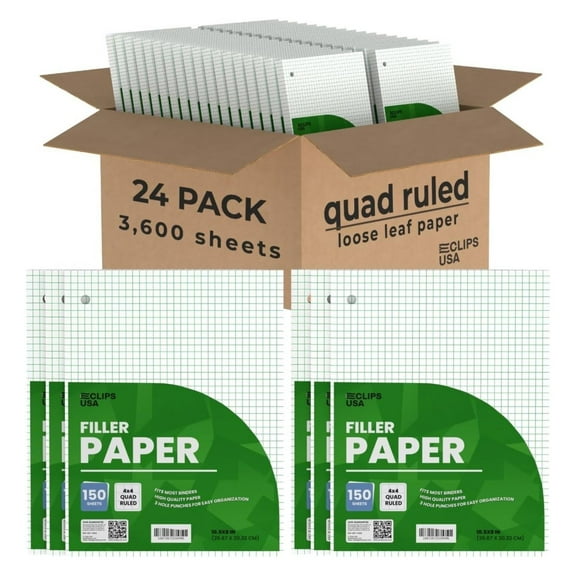 Graph Paper, Loose Leaf Graph Paper, 4 x 4 An Inch Quad Ruled Graph Paper, 10.5 x 8 Graphing Paper, 56 gsm, 150 Per Pack, 3600 Sheets (24 Pack)
