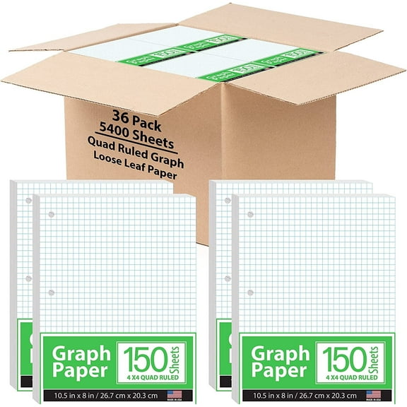 Graph Paper, Loose Leaf Graph Paper, 4 x 4 An Inch Quad Ruled Graph Paper, 10.5 x 8 Graphing Paper, High Quality 56 gsm, 150 Per Pack, 3600 Sheets 24 Pack
