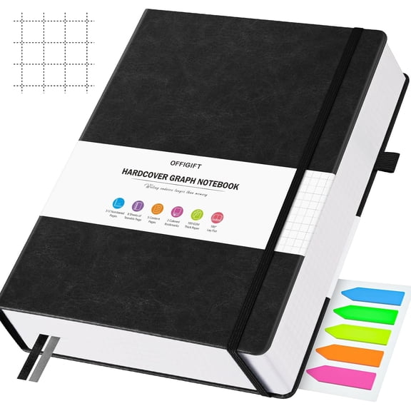 Graph Paper Notebook, 312 Numbered Pages B5 Hardcover Leather Journal, 100gsm No Bleed Grid Paper Notebook with Index Pages, Grid Notebook for Graphing Notes Math, 7.6'' X 10'', Black