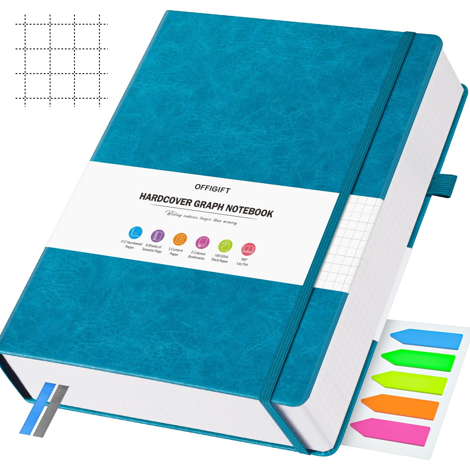 Graph Paper Notebook, 312 Numbered Pages Large A4 Hardcover Leather Journal, 100gsm No Bleed Grid Paper Notebook with Index Pages, Squared Grid Notebook for Graphing Notes Math, 8.5''  11'', Blue