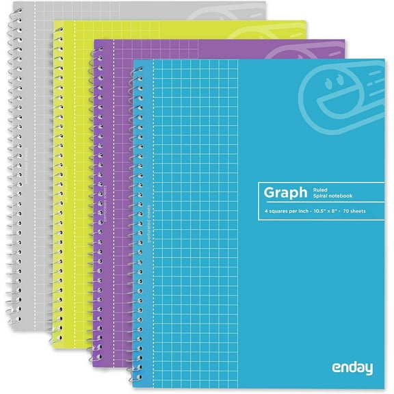 Graph Paper Notebook (4 Pack) Grid Notebook, Graph paper spiral notebook, Graph notebook, 4 Squares per inch Grid paper notebook, White Paper Quad Ruled Spiral Assorted Colors - by Enday