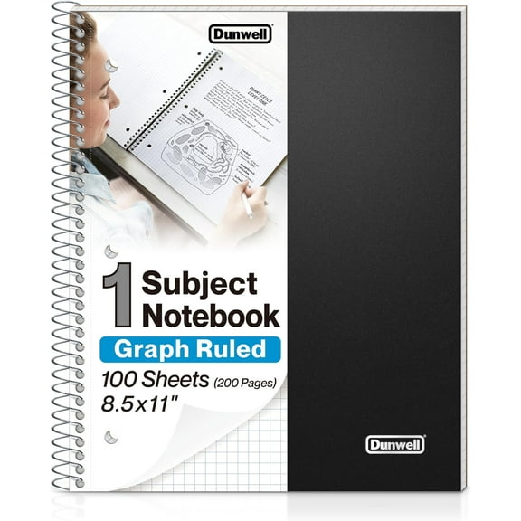 Graph Paper Notebook 8.5 x 11 (Black) Plastic Cover, 100 Sheets (200 Pages), 4x4 Squares, 1 Subject Graph Paper Spiral Notebook, 1/4" Grid, Pocket Divider, Easy Tear-Off, 3-Hole Punched