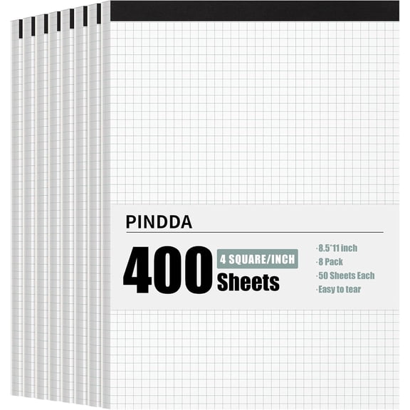 Graph Paper Notebook, 8 Pack, 8.5 x 11 Grid Paper, 4x4 Graph Ruled, 50 Sheets per Pad, Easy-Tear Perforations, 8.5 x 11 Cardboard Backing, for Math, Drafting, Drawing, Engineering