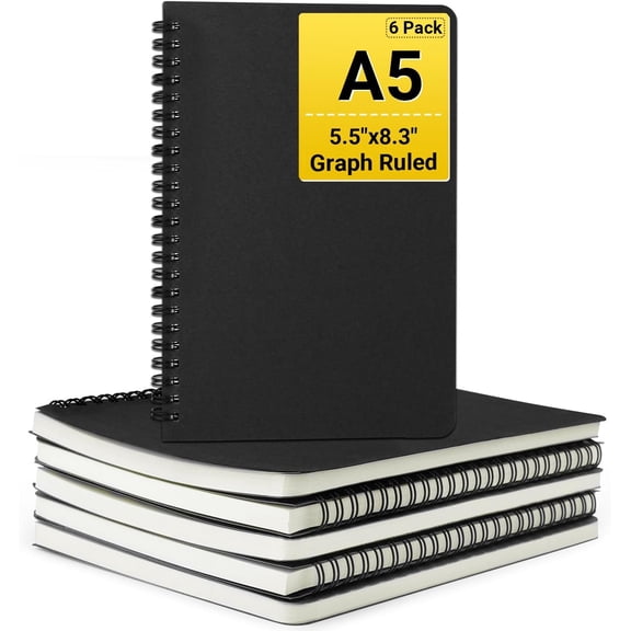 Graph Paper Notebook, A5 6Packs 5.5"x8.3" 120 Pages Hardcover Grid Paper Notebook Journals, Wirebound Journal Composition Notebook for Engineering Math Science College Office Note Taking-Black