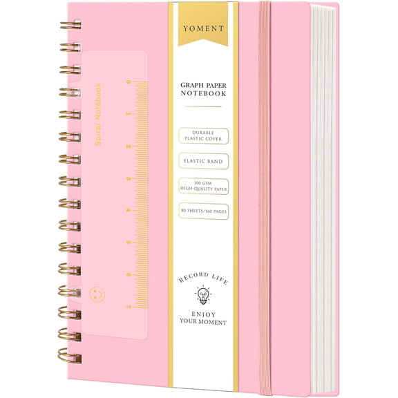 Graph Paper Notebook A5 Graphing Spiral Notebook 160 Pages Grid Paper Notebook Spiral Bound Pink Hardcover Spiral Journal 5x7 Grid Notebooks for Note Taking, Pink
