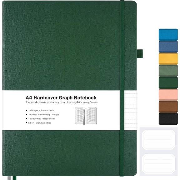 Graph Paper Notebook, Hardcover Notebook 8.5 x 11, Grid Notebook Journal for Women, Men, Large Leather Journals for Writing, Thick Paper, A4 Notebooks for Work, School Supplies, Engineering Green