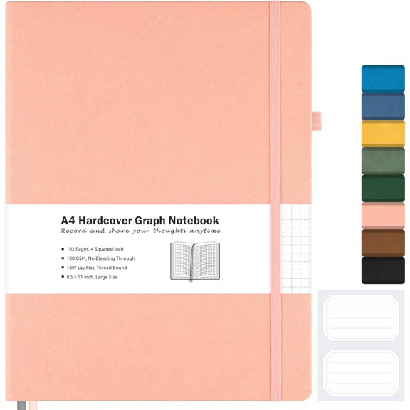 Graph Paper Notebook, Hardcover Notebook 8.5 x 11, Grid Notebook Journal for Women, Men, Large Leather Journals for Writing, Thick Paper, A4 Notebooks for Work, School Supplies, Engineering Pink