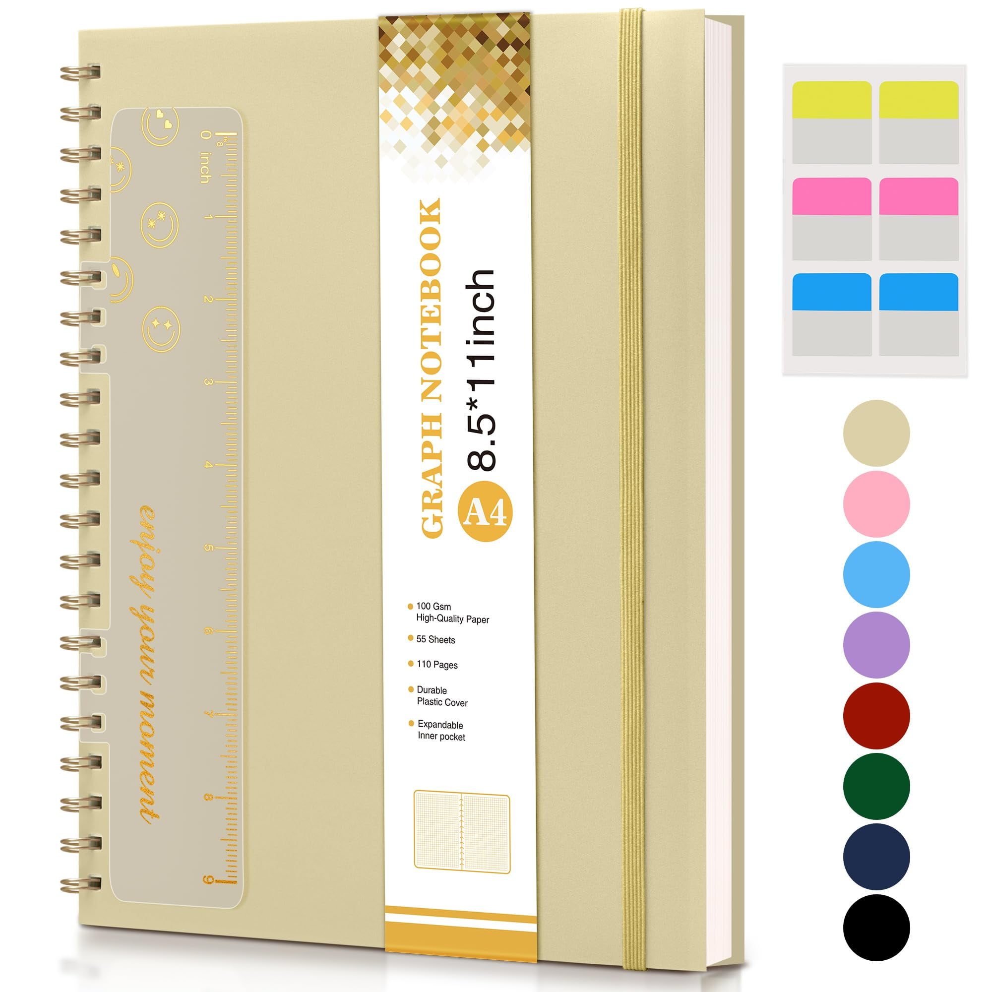 Graph Paper Notebook, Spiral Notebook Journal 8.5 x 11, A4 Large Grid Notebooks for Women Men, 100 GSM Graph Paper, Plastic Hardcover Spiral Graphing Journals for Work School Engineerin, Yel