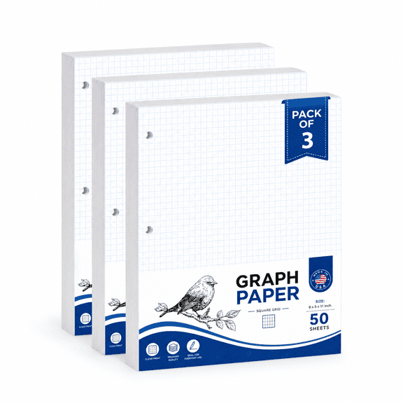 Graph Paper, Pack of 3 - 8.5 x 11 Square Grid Graph Paper, 50 Sheets Each, 3 Hole Punched Loose Leaf Paper for Math, Engineering, Drafting & Design