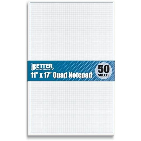 Graph Paper Pad, 17" x 11", 50 Sheets, Blue Line Border, Blueprint Paper, Double Sided, White, 4x4 Blue Quad Rule, Easy Tear Sheets, Grid Paper, Graph Paper by