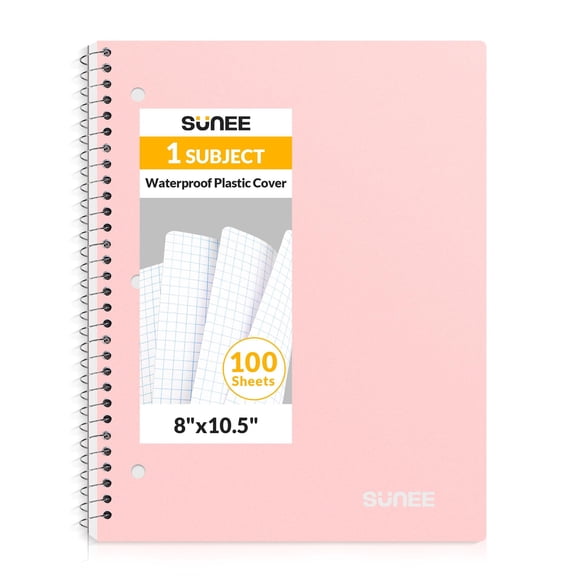 Spiral Notebook 1 Subject Graph Ruled Paper 100 Sheets, 8 x 10.5 Inch 3 Hole Punched, Waterproof Cover for Office Home Writing Notes, Pink